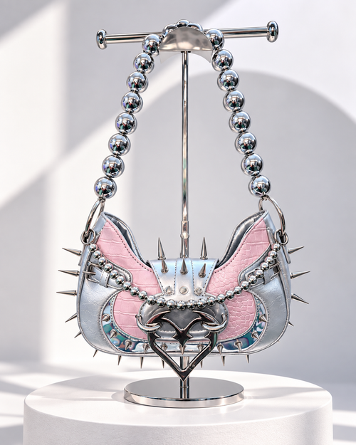 Angel Damage pink and silver spiked Y2K shoulder bag with devil heart buckle and silver bead strap